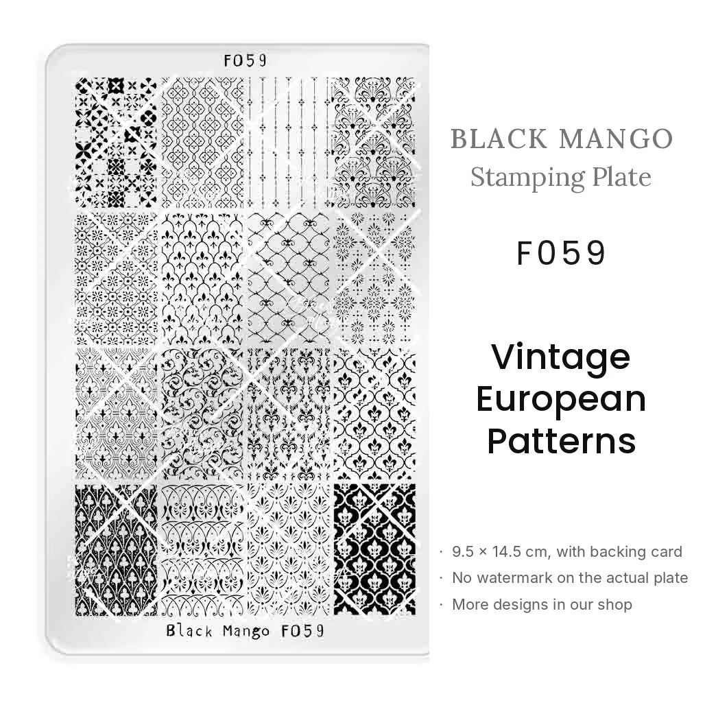 Black Mango F059 Vintage European Patterns nail stamping plate, 9.5 × 14.5 cm