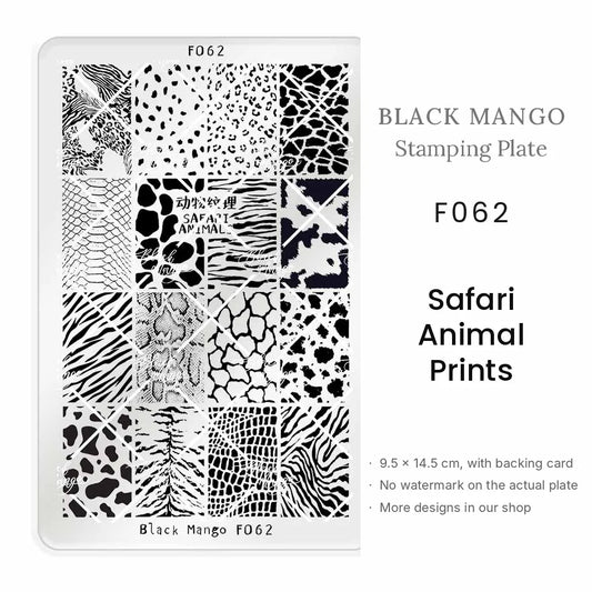 Black Mango F062 Safari Animal Prints nail stamping plate, 9.5 × 14.5 cm