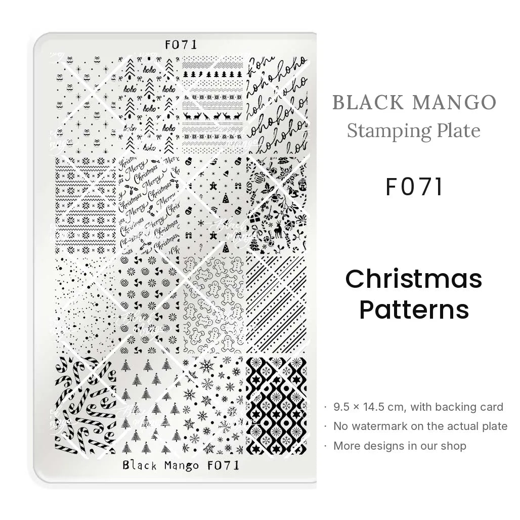 Black Mango F071 Christmas Patterns nail stamping plate, 9.5 × 14.5 cm