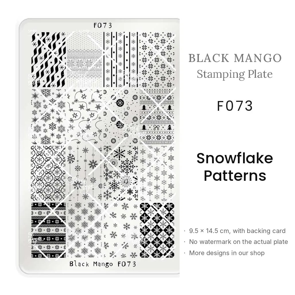 Black Mango F073 Snowflake Patterns nail stamping plate, 9.5 × 14.5 cm