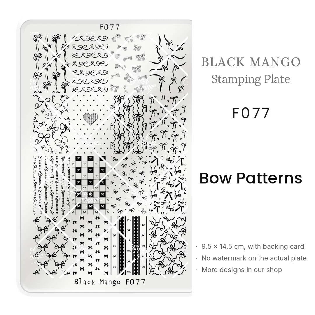Black Mango F077 Bow Patterns nail stamping plate, 9.5 × 14.5 cm