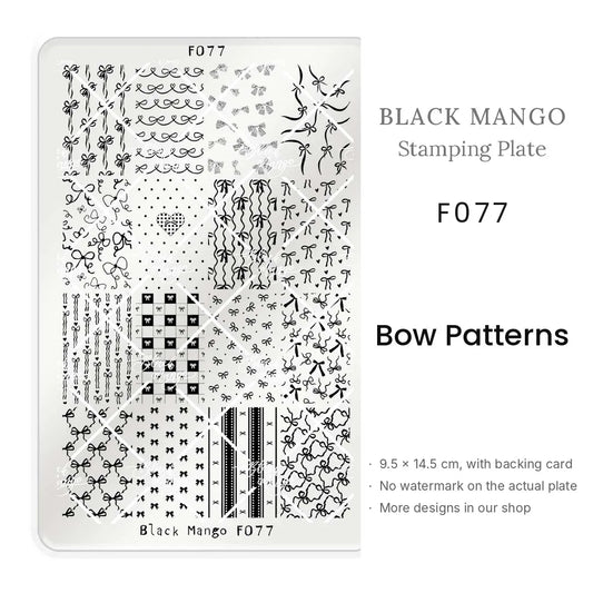Black Mango F077 Bow Patterns nail stamping plate, 9.5 × 14.5 cm