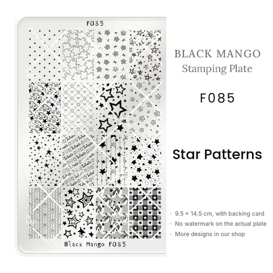 Black Mango F085 Star Patterns nail stamping plate, 9.5 × 14.5 cm