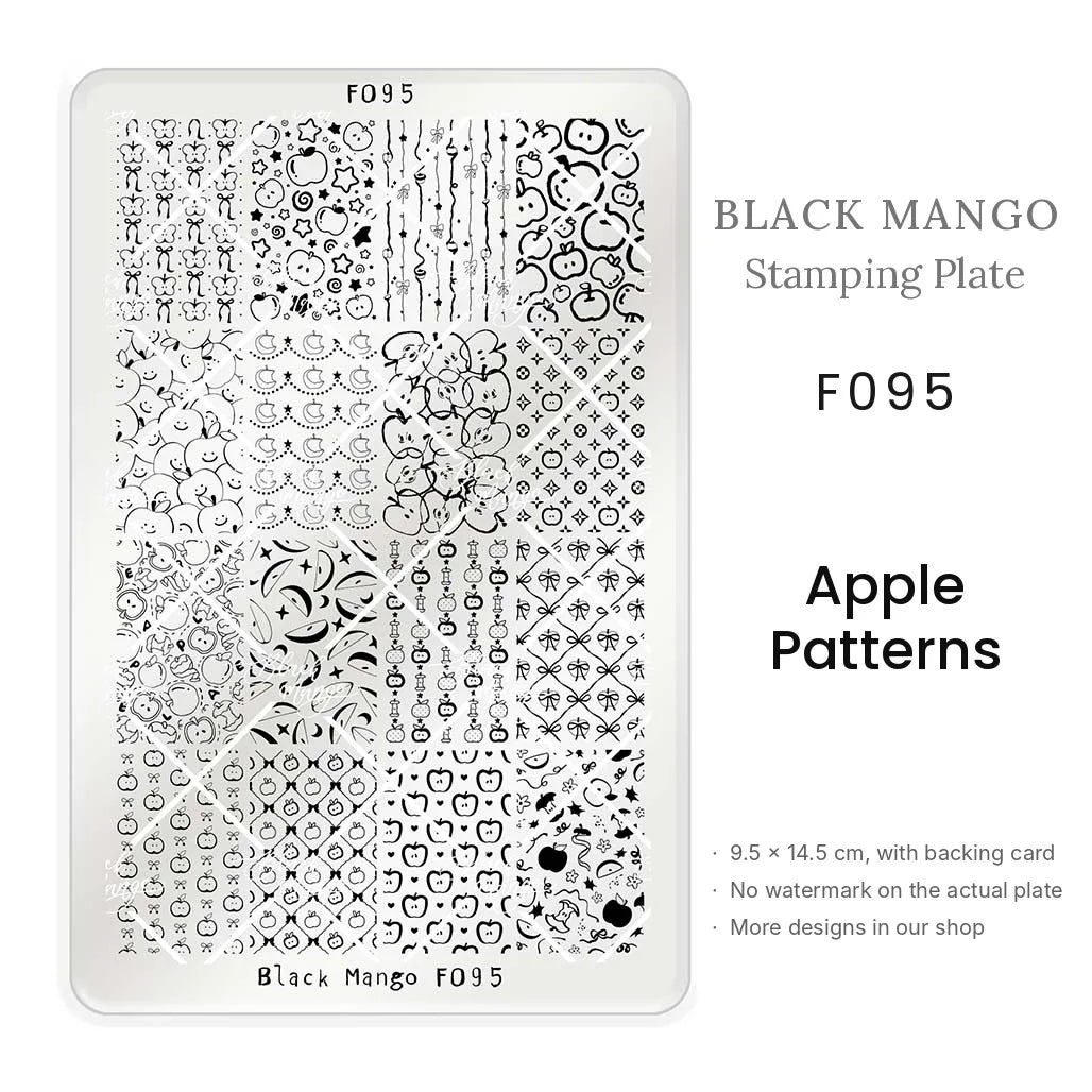 Black Mango F095 Apple Patterns nail stamping plate, 9.5 × 14.5 cm