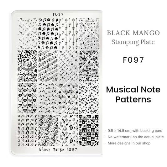 Black Mango F097 Musical Note Patterns nail stamping plate, 9.5 × 14.5 cm