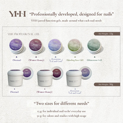 YHH jarred function gels lineup: Nectar, Winter Honey and Extension Gel in 15 g and 50 g jars