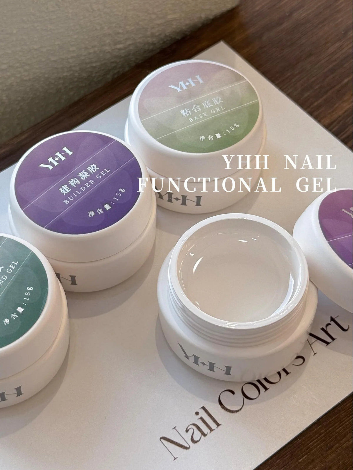 YHH builder gel jars with an open jar of clear gel
