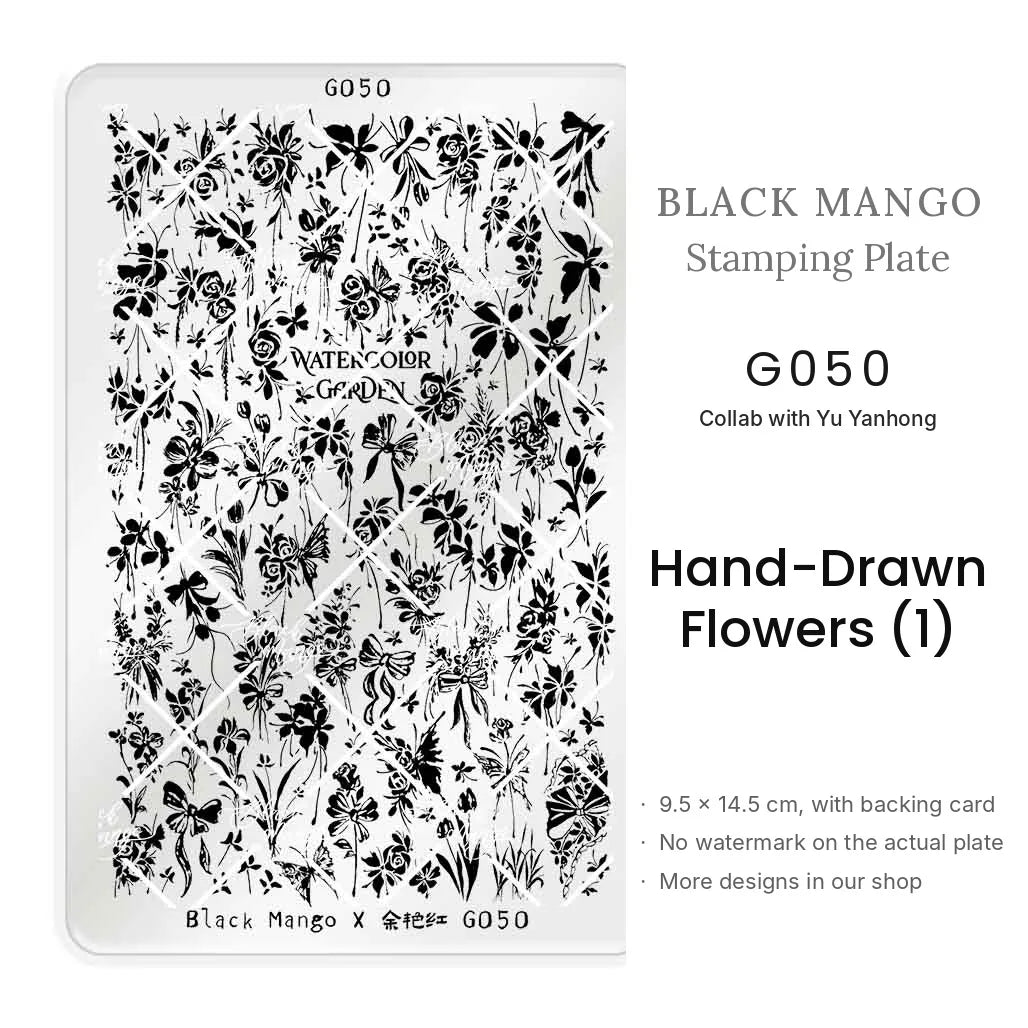 Black Mango G050 Hand-Drawn Flowers (1) nail stamping plate, 9.5 × 14.5 cm