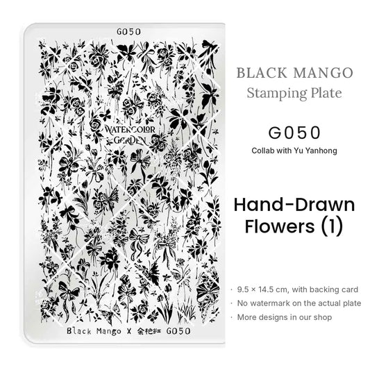 Black Mango G050 Hand-Drawn Flowers (1) nail stamping plate, 9.5 × 14.5 cm