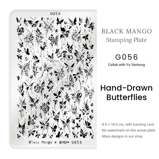 Black Mango G056 Hand-Drawn Butterflies nail stamping plate, 9.5 × 14.5 cm
