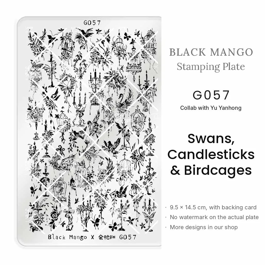 Black Mango G057 Swans, Candlesticks & Birdcages nail stamping plate, 9.5 × 14.5 cm