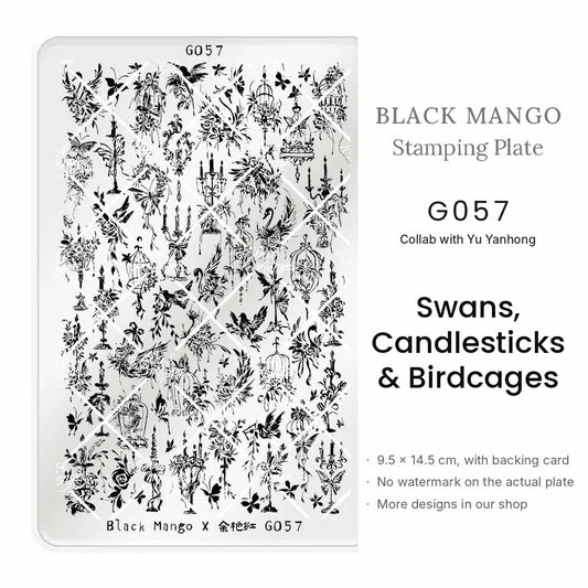 Black Mango G057 Swans, Candlesticks & Birdcages nail stamping plate, 9.5 × 14.5 cm