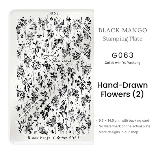 Black Mango G063 Hand-Drawn Flowers (2) nail stamping plate, 9.5 × 14.5 cm