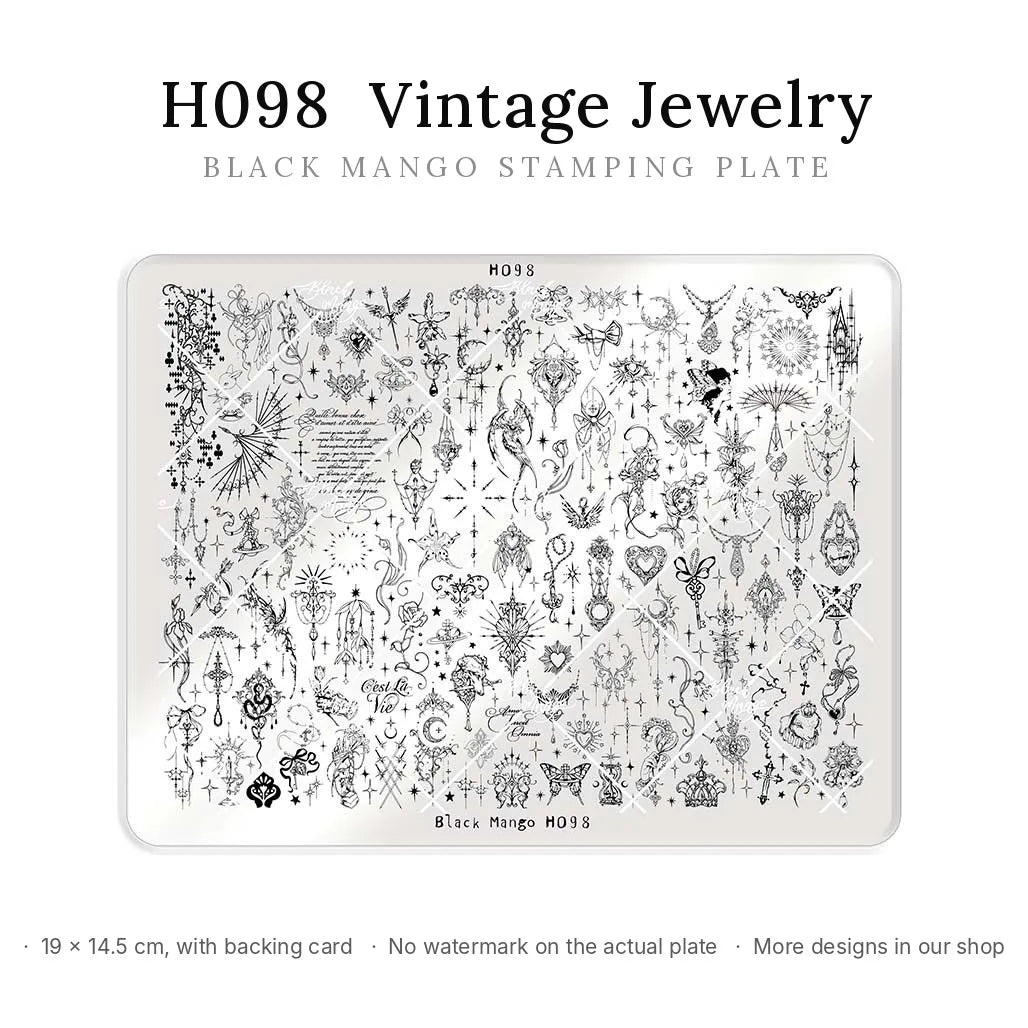 Black Mango H098 Vintage Jewelry large nail stamping plate, 19 × 14.5 cm