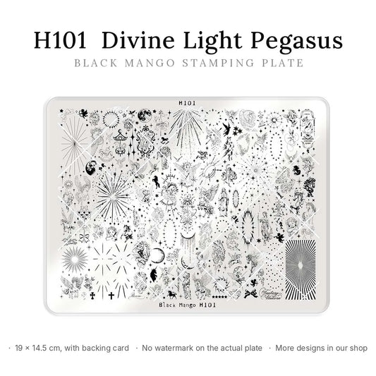 Black Mango H101 Divine Light Pegasus large nail stamping plate, 19 × 14.5 cm