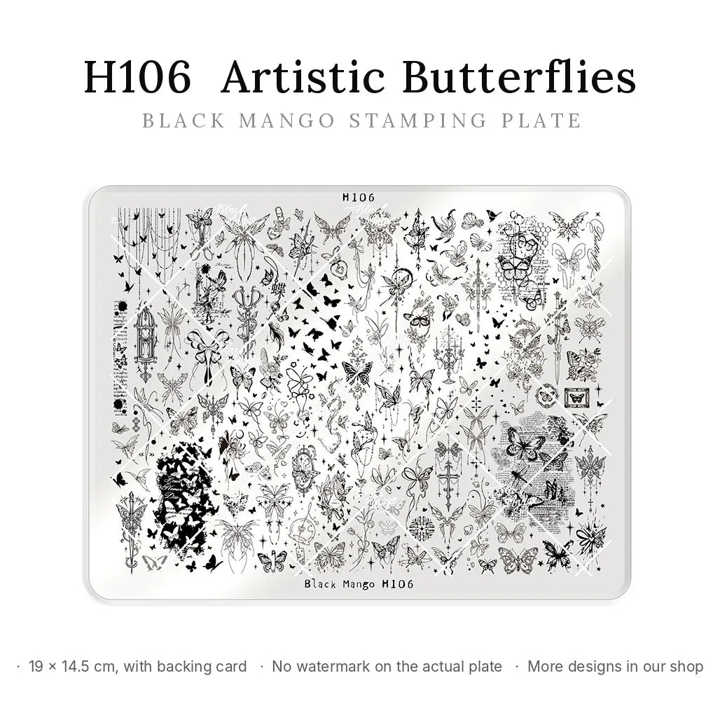 Black Mango H106 Artistic Butterflies large nail stamping plate, 19 × 14.5 cm