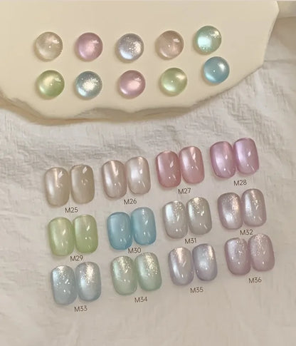 Karries Ice Jelly Cat Eye gel swatch board, shades M25-M36