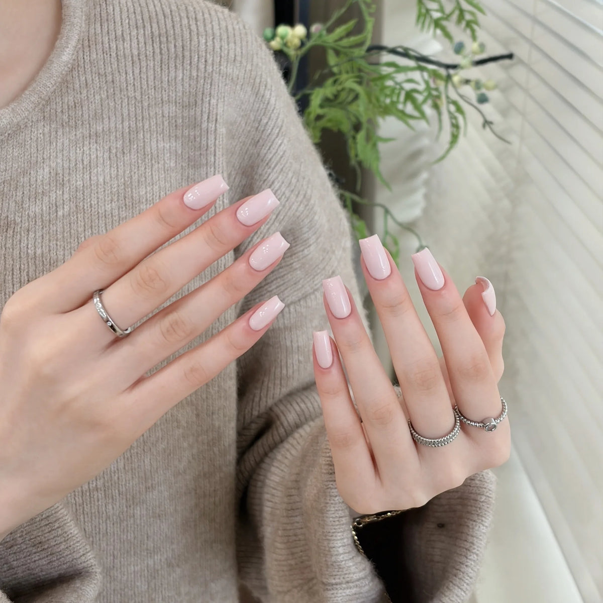 Little Black Bottle solid color gel shade 13 Neutral Pink on nails