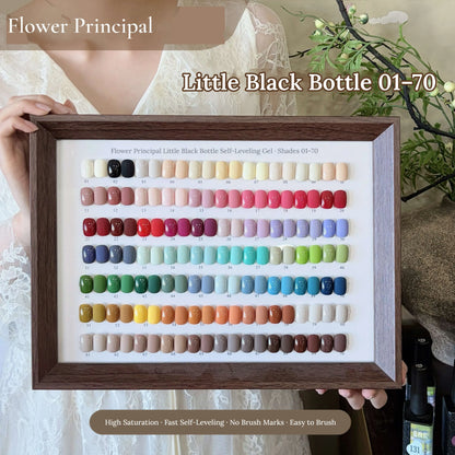 Flower Principal Little Black Bottle solid color gel swatch chart, shades 01-70