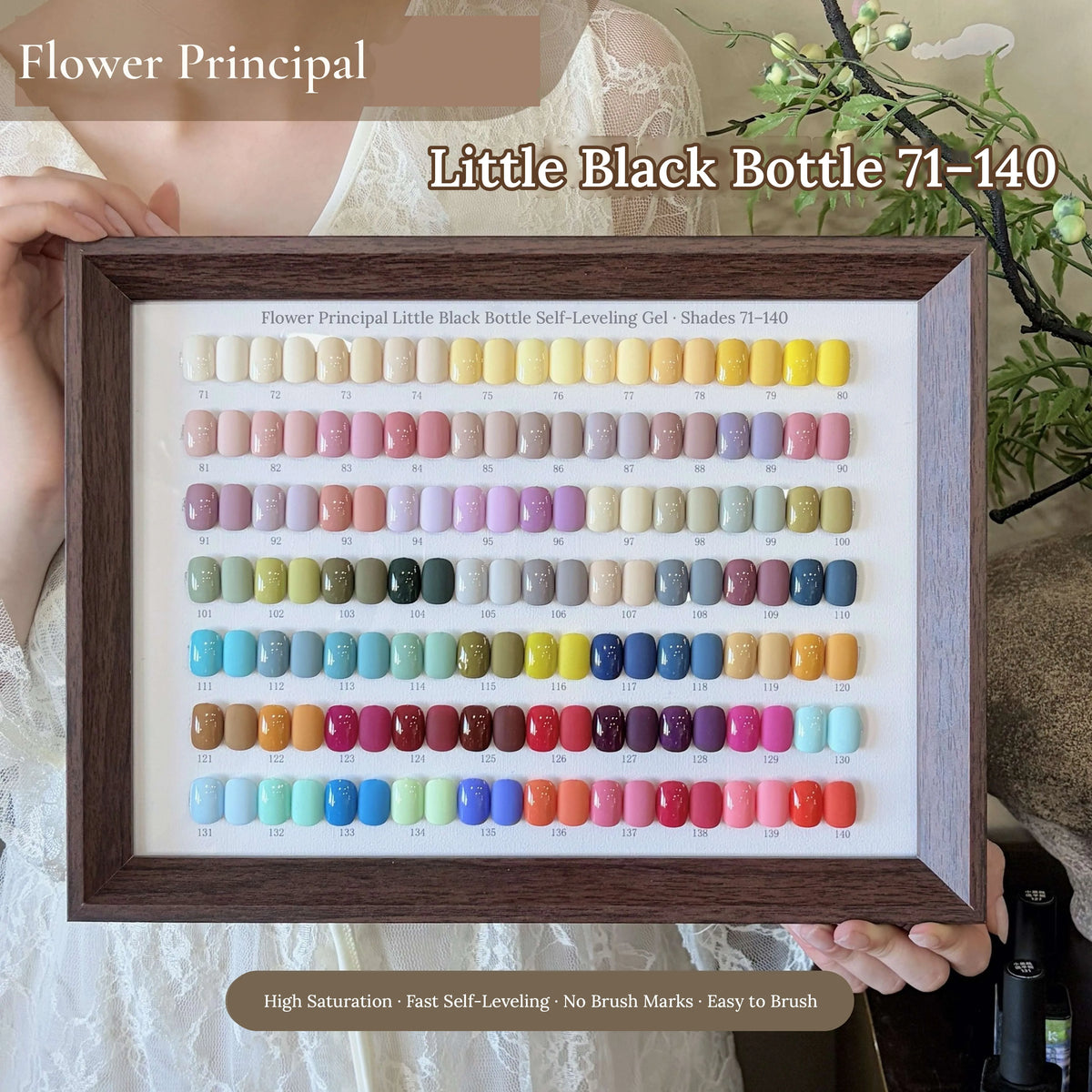 Flower Principal Little Black Bottle solid color gel swatch chart, shades 71-140