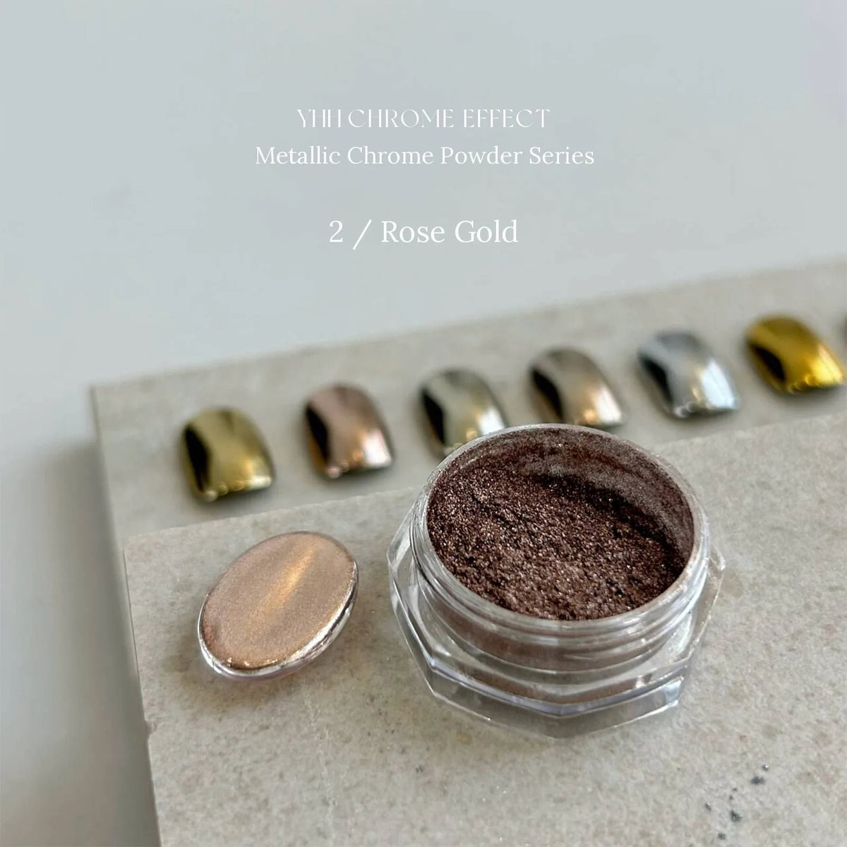 2 Rose Gold: jar and chrome swatch tip