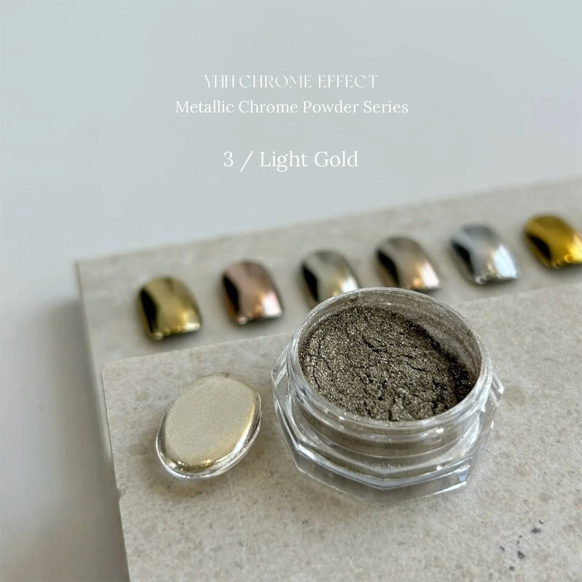 3 Light Gold: jar and chrome swatch tip