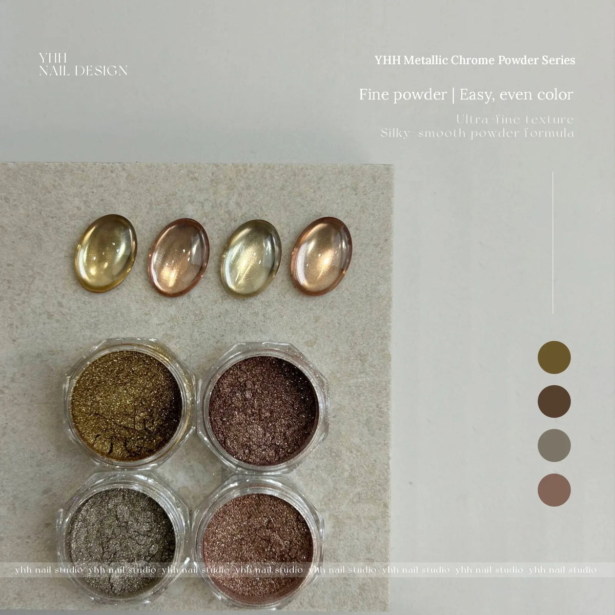 Metallic chrome powder jars with oval swatch tips