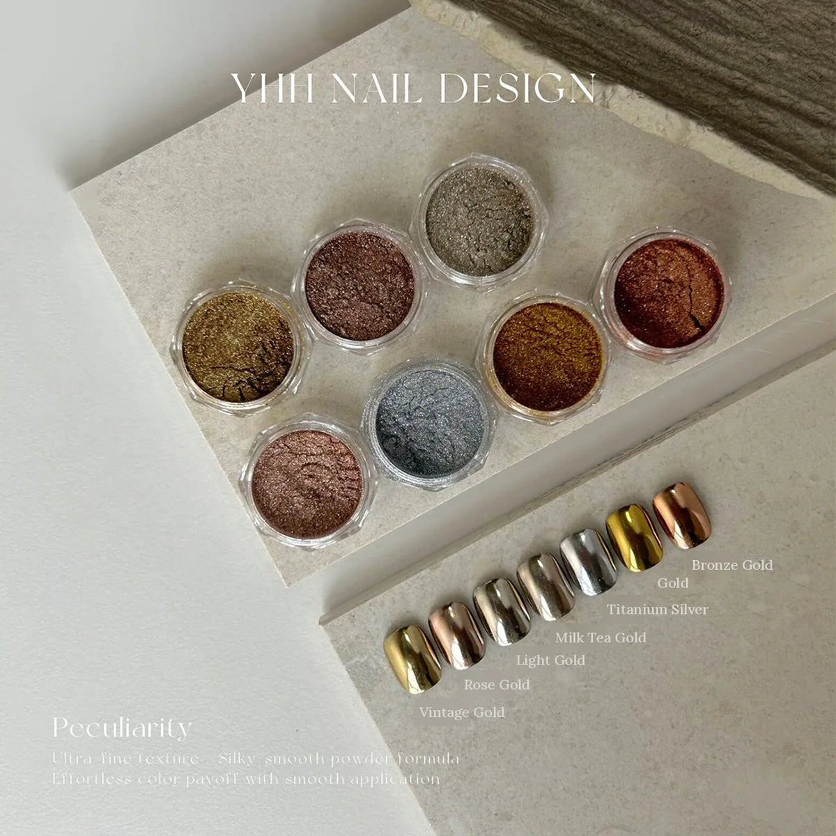 Labelled metallic chrome tips: Vintage Gold to Bronze Gold