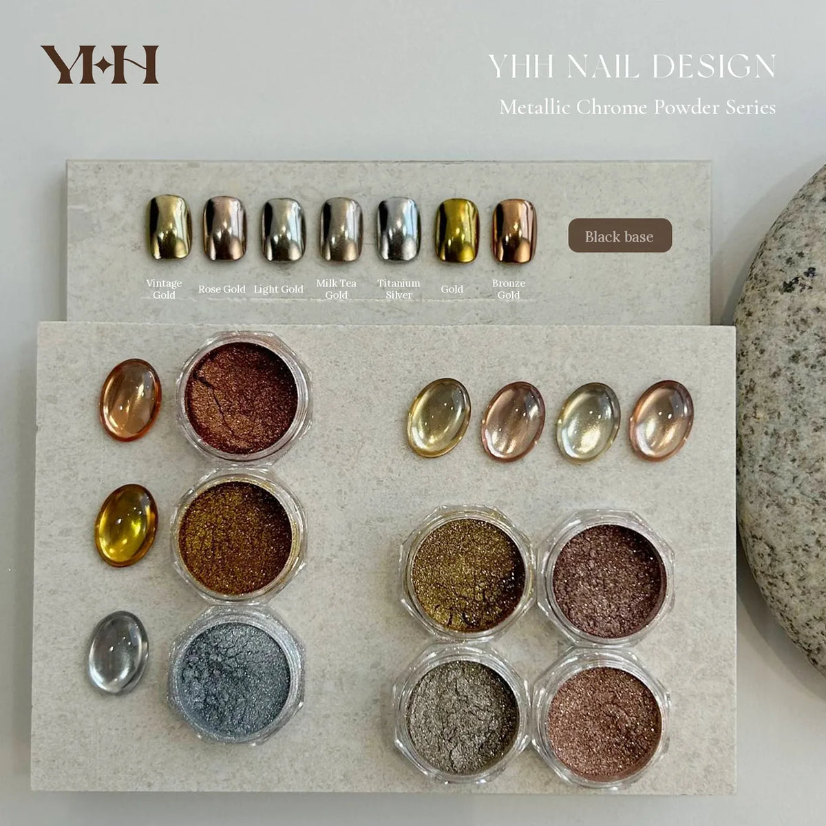 YHH Metallic Chrome Powder full set: 7 jars, oval tips and a labelled tip lineup