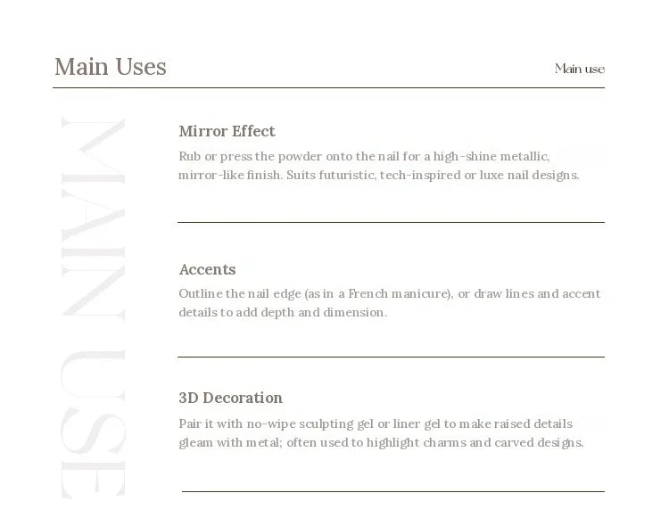 Main uses: mirror effect, accents and 3D decoration
