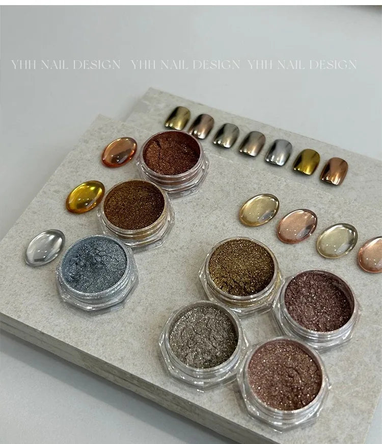 Metallic chrome powder jars and chrome tips on stone