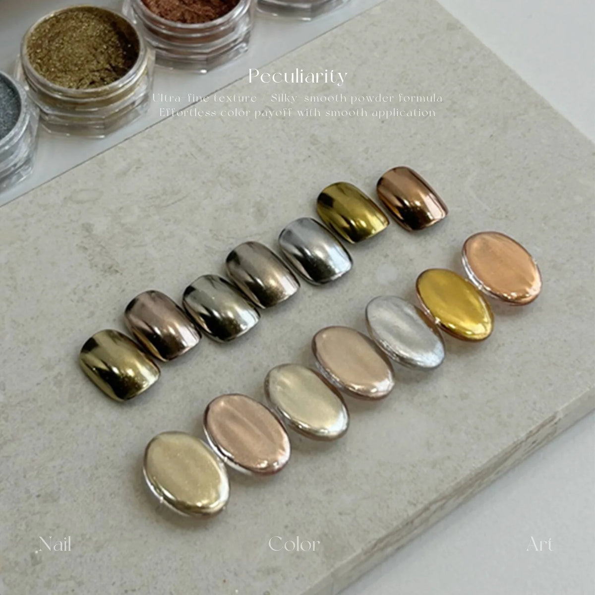Mirror-finish metallic chrome tips in gold, silver and bronze