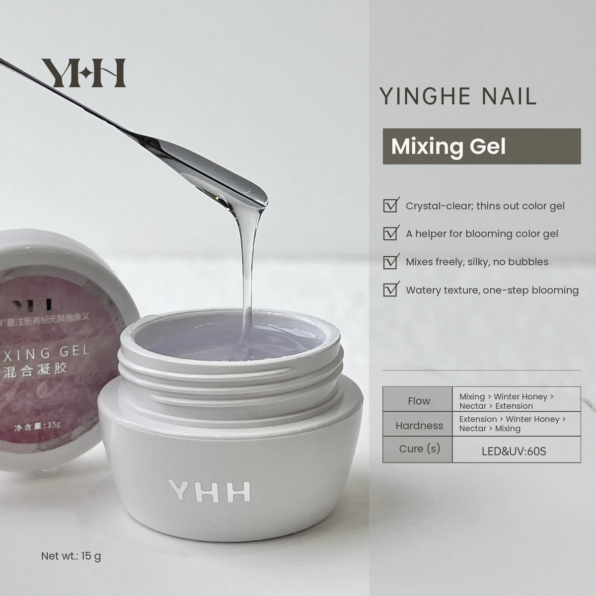 YHH Mixing Gel, 15 g jar: crystal-clear, thins color gel, one-step blooming