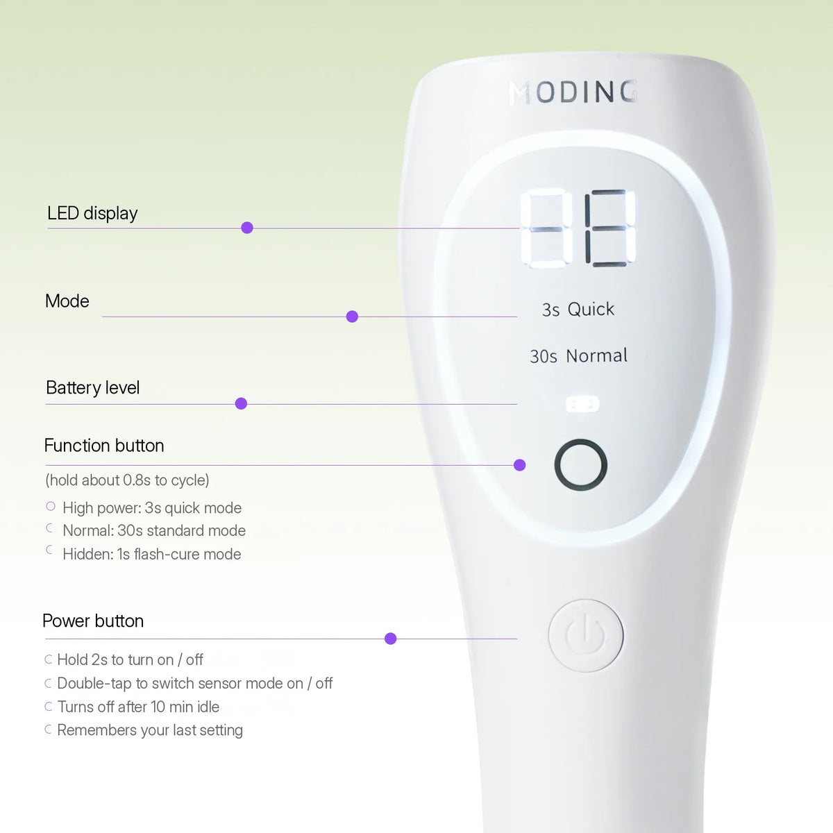 LED display, mode, battery level, function and power buttons