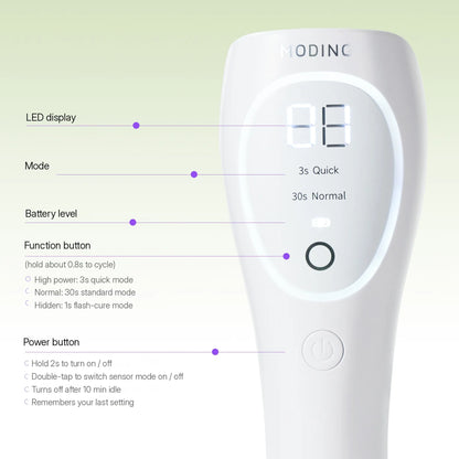 LED display, mode, battery level, function and power buttons