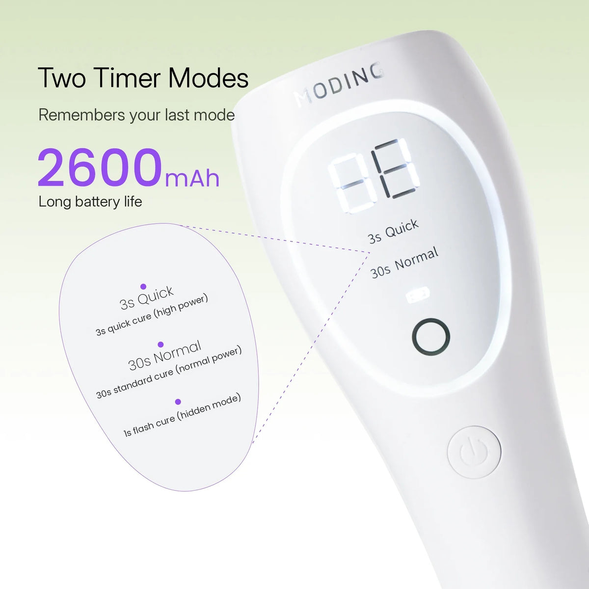 3s quick and 30s normal timer modes, 2600mAh battery