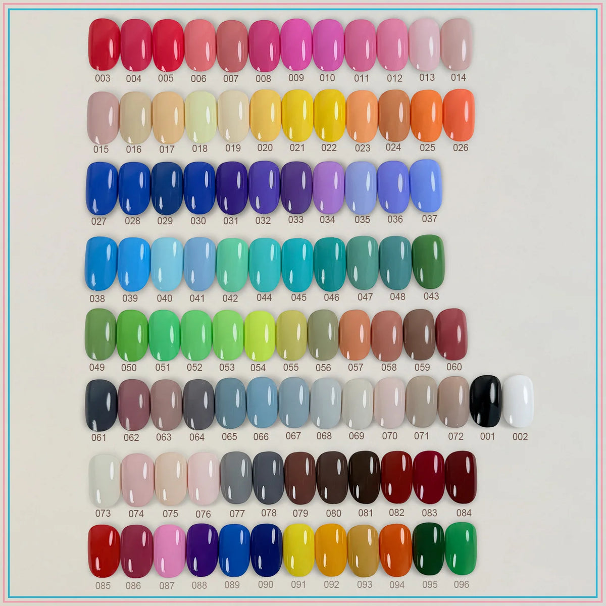 MOKAJIA 96-color painting gel swatch chart, shades 001–096