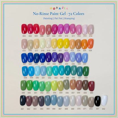 MOKAJIA No-Rinse Paint Gel 72-color swatch chart, shades 001–072