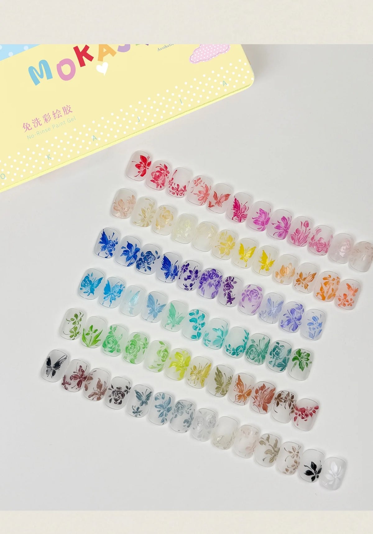 Hand-painted floral and butterfly nail art in every color