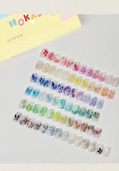 Hand-painted floral and butterfly nail art in every color