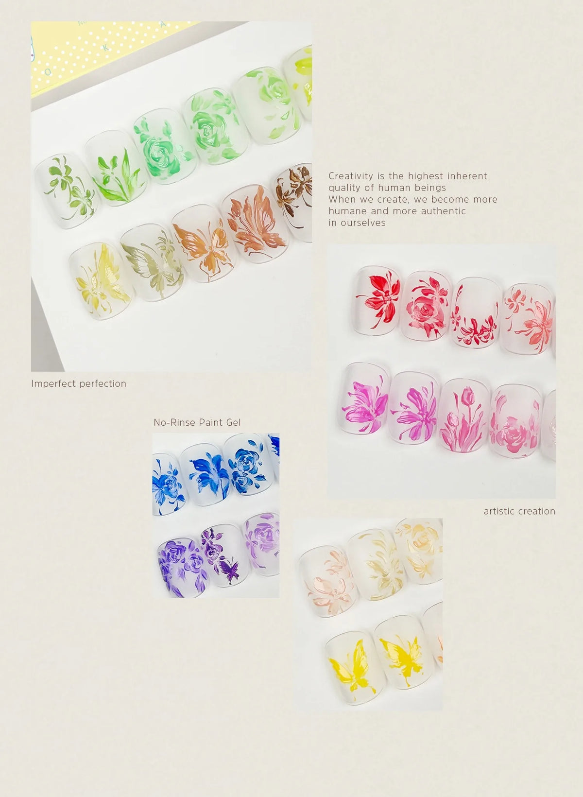 Painted flower and butterfly nail art samples