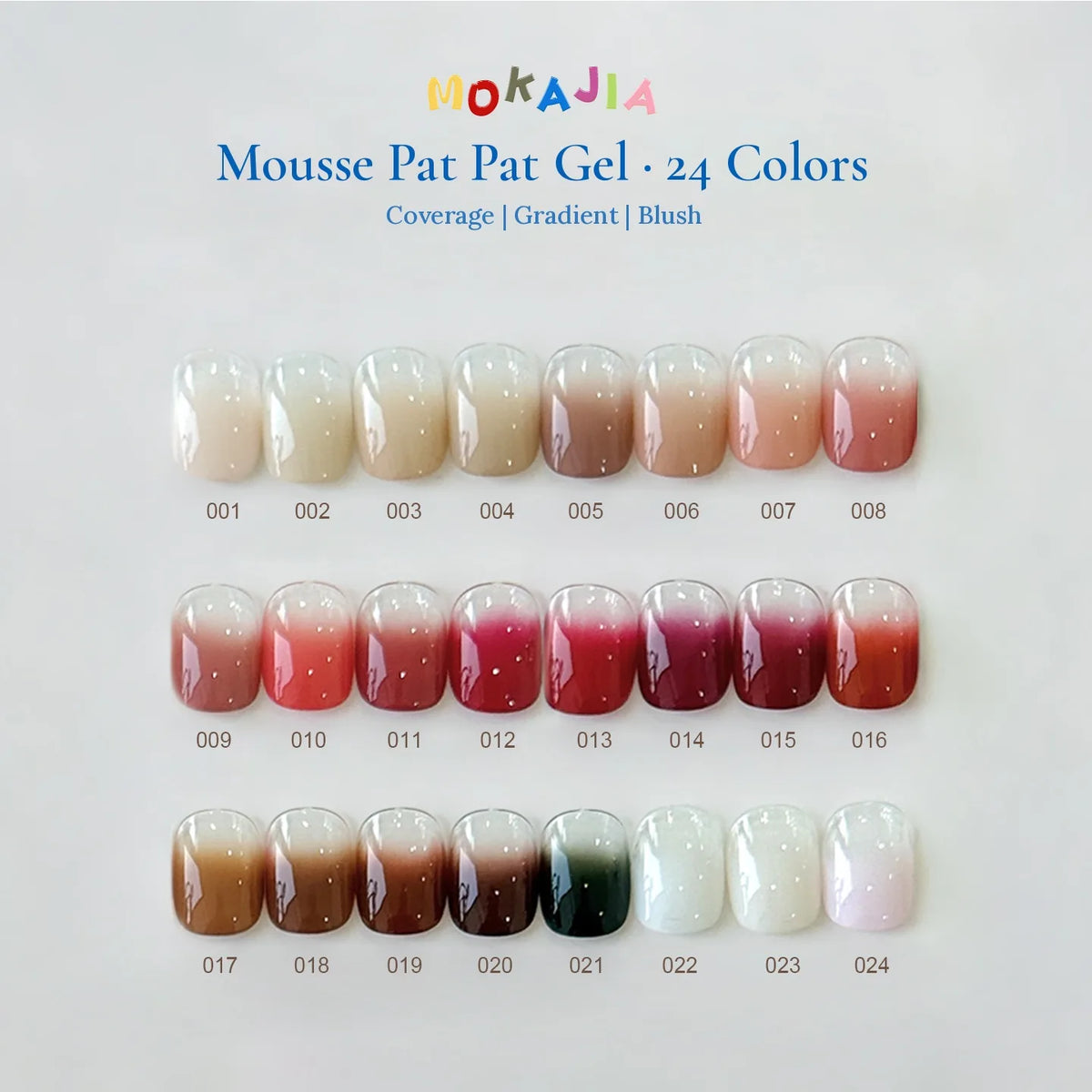 MOKAJIA Pat Pat Gel 24-color swatch chart, shades 001–024