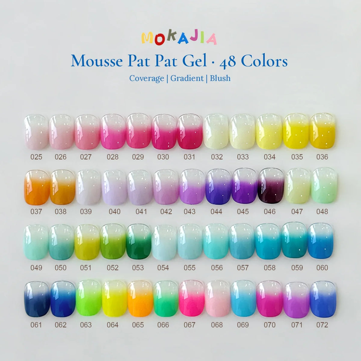 MOKAJIA Pat Pat Gel 48-color swatch chart, shades 025–072