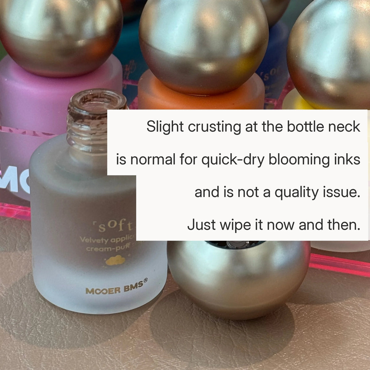 Note: slight crusting at the bottle neck is normal for quick-dry inks