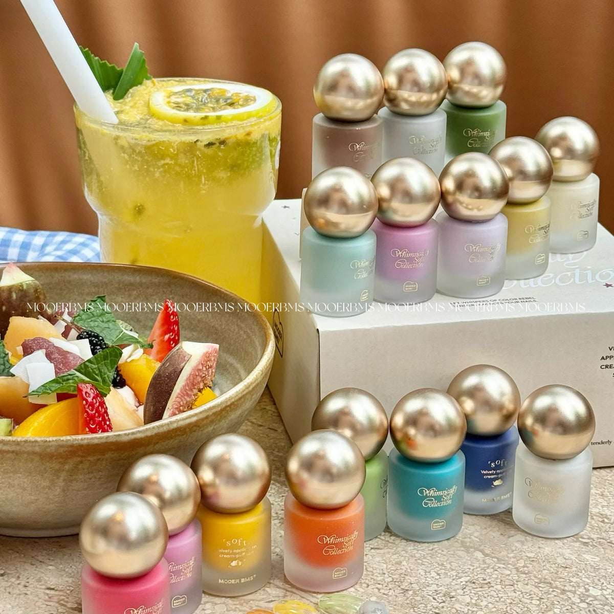 Whimsically Soft blooming ink bottles with fruit and a drink