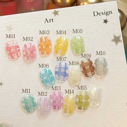 Whimsically Soft blooming ink swatch card, shades M01–M15 painted as plaid
