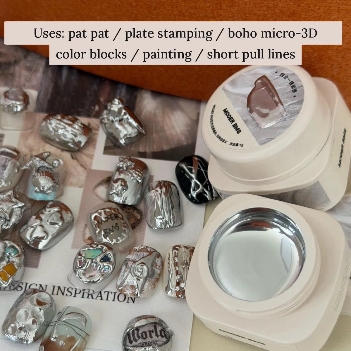Uses: pat pat, plate stamping, boho micro-3D, color blocks, painting and short pull lines