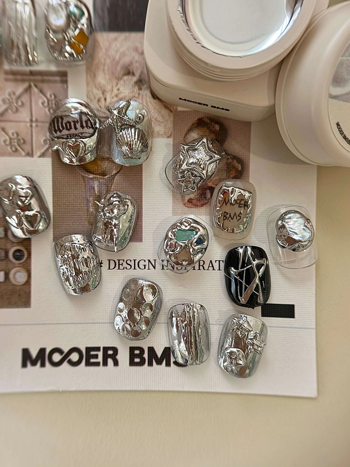 Mirror-silver relief nail art with the open jar