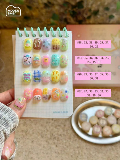 Decorated nail art samples labeled with the shades used