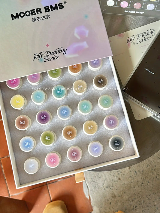 MOOER BMS Milk Jelly 25-color set: jars in the box with the swatch stand